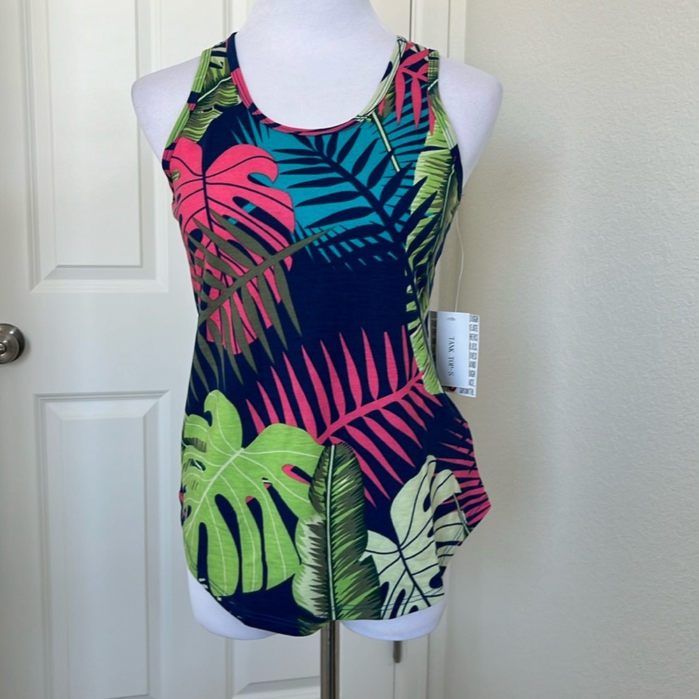 NWT LuLaRoe Tank Top Small 6-8 Navy Tropical Palm Monstera Leaf Print